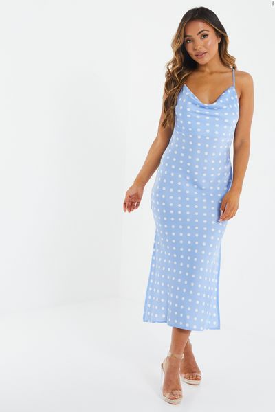 Petite Blue Polka Dot Satin Maxi Dress
